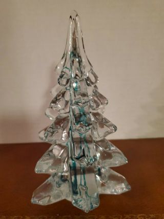Vtg W/box Enesco Art Glass Crystal Christmas Tree With Green Swirl - 6.  5 " Tall.