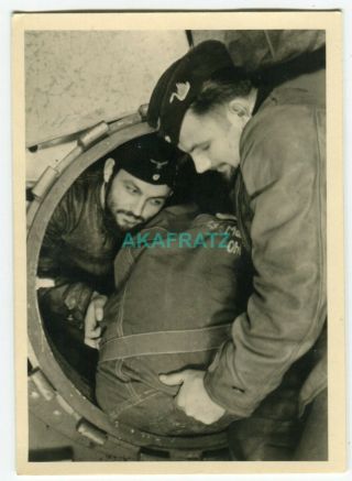German Ww2 Photo,  U - Boat Crew Loads Gear Inside Submarine,  Cap Badge