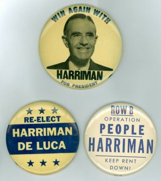 3 President York Governor Averell Harriman Campaign Pinback Buttons 1952 - 58