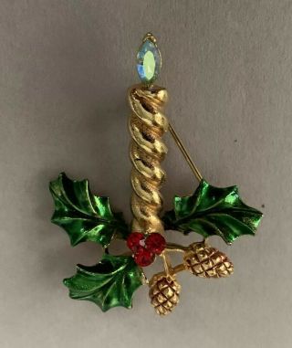 Vintage Mylu Gold Enamel Rhinestone Christmas Candlestick Pin Brooch