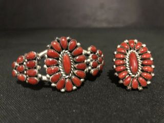 Vintage Native American Zuni Ring & Bracelet Coral & Sterling Signed Au And Lw