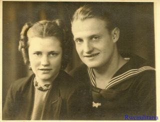Lg.  Port.  Photo: Cute Close Up Pic Young Kriegsmarine Sailor Posed W/ His Girl