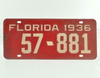 Vintage 1936 Florida State License Plate Red
