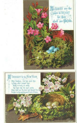 2 X Victorian Christmas Year Greetings Cards Birds Nest Eggs Religious Text
