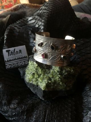 EXQUISITE VINTAGE EMBOSSED STERLING CUFF BRACELET WITH TOURMALINES BY TABRA 2