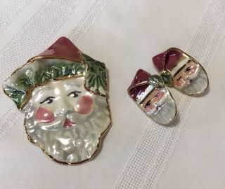 Porcelain Christmas 4 " Santa Head Lapel Pin Jacket Brooch 2 " Earrings Set Mauve