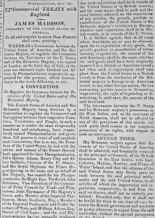 Commercial Treaty Between Britain & U.  S.  - Pres James Madison 1815 Newspaper