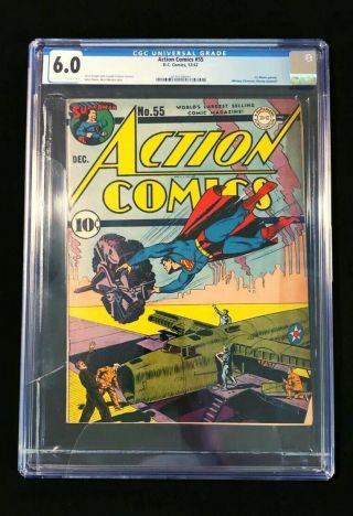 Action Comics 55 Cgc 6.  0 Ow/w Superman Classic Wwii Cover Dc Comics 12/42