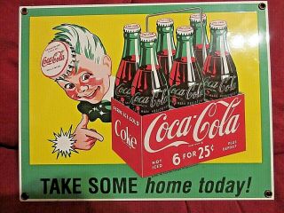 Ande Rooney Porcelain Coke Coca Cola Sign Take Some Home Today Sprite Boy Minty