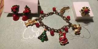 Vintage Christmas Charm Bracelet 7 1/4”,  Holly Bell Earrings,  Holly Ring