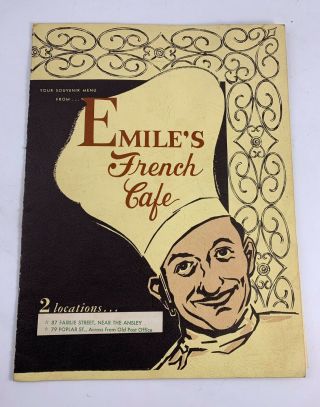 Vintage 1950’s Era Souvenir Menu From Emile’s French Cafe In Atlanta Georgia