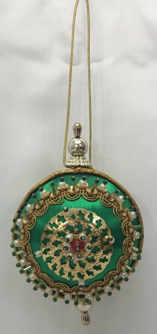 , Vintage 60s/70s Satin Green Gold Pearl Beaded Sequins Christmas Ornament Balls