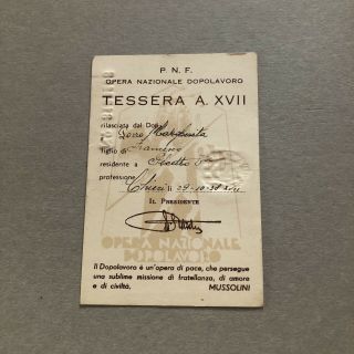 L) Italy Italian Fascist Id Card Ond Dopolavoro Workers Xvii Chieri