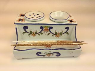 Vintage French Hand Painted Porcelain Inkwell Faiencries D 