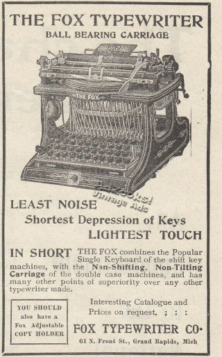 1901 Fox Model 2 Typewriter " Least Noise,  Lightest Touch " Print Ad – Sweet Pix