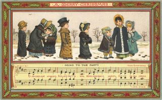Kate Greenaway " Going To The Party " A Merry Christmas Card 4 X 6.  25 "