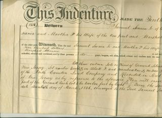 1856 Land/deed Deal Samuel Swain Jr Bristol Pa & Marshall Attmore Philadelphia