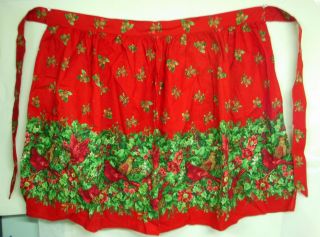 Red Half Apron W/ Cardinals & Holly Border Cheerful Winter Christmas Parties