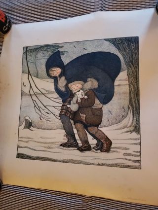 Vintage B.  Midderigh Bokhorst Poster Winter Scene Children / Dog Dutch Artist