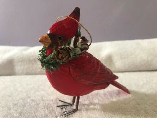 Christmas Ornament Red Cardinal Pine Cone Wreath On Neck