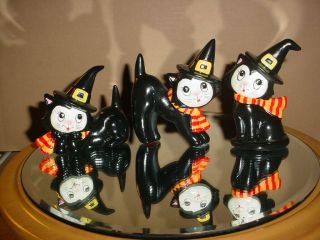 3 Vintage Lefton Halloween Black Cat Figures With Witch Hats