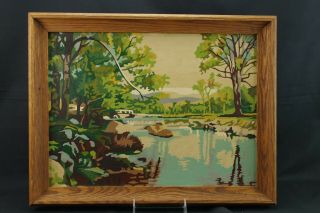 Paint By Number Country Bridge Over Stream Scene Framed Vintage