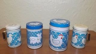 Vintage Tin Duck & Chicken Salt And Pepper Shakers & 2 Cow & Chicken Canisters