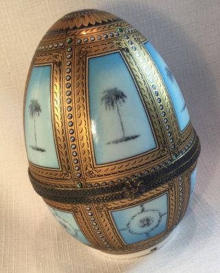 Large 5 " Porcelain Egg Shaped Hinged Top Trinket Box Gold Accents & Palm Trees