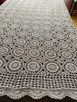 Vintage Ecru Hand Crocheted Lace Tablecloth 70 X 90 At Least 70 Years Old