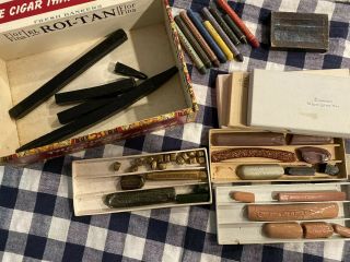 Box Vintage Crayola Crayons Binney Smith,  Dennisson’s Letter Wax,  Lion Leo Stamp