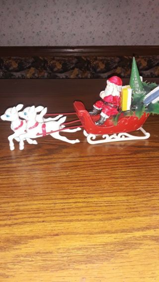 Vintage Christmas Santa Reindeer And Sleigh Plastic Decoration
