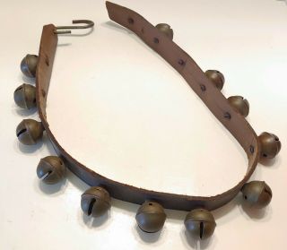 Antique Leather Strap W/ 12 Brass Sleigh Bells 31 " L X 1 1/2 " W 1 1/4 " Bells