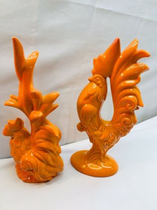 2 - Vintage Ceramic Roosters Chickens 1960’s Orange Strutting Roosters Art Deco
