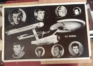Vintage Black & White Poster Crew & Enterprise Star Trek 23” X 36”