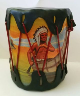 Vintage Child ' s Toy Drum Souvenir with Indian Design Leather Top and Bottom 2