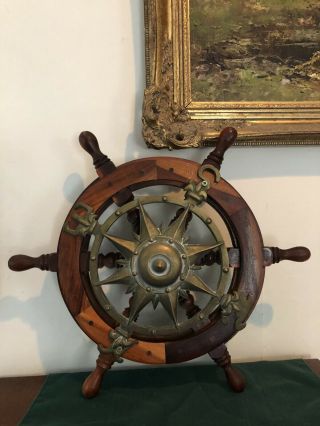 17 “ Retro Quality Ship Wheel Brass Center Solid Wood Brass Nautical Wall Decor
