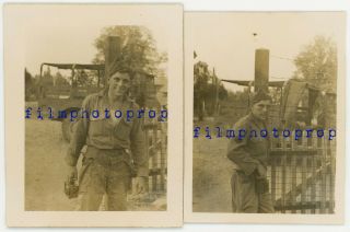 Wwii Us Gi Photo - 3rd Army Gi W/ Box Camera By Barbed Wire Fence & Dodge Wc