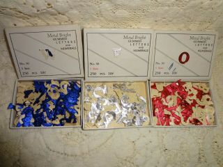 3 Vintage Boxes Of Metal Bright Gummed Foil Letters & Numbers Silver Blue Red