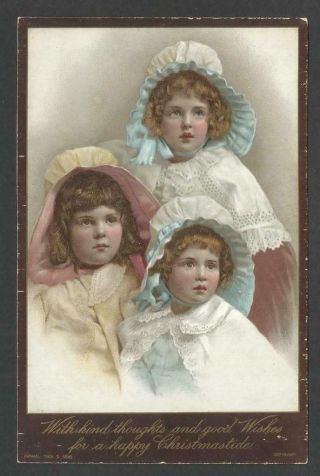 U10 - Portrait Of Three Little Girls - Raphael Tuck - Victorian Xmas Card
