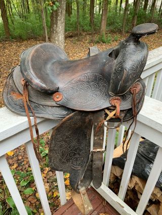 1944 Very Vintage Brown Hand Tooled Slick Seat Western Horse Cowboy Decor Saddle