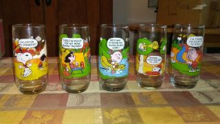 Vintage Complete Set Of 5 Mcdonalds Peanuts Camp Snoopy Glasses 1965 - 1971