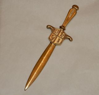 Vintage Solid Brass Letter Opener Medieval Knight Broadsword Uk England Sword