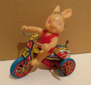 Vintage Wind Up Tin Litho Toy Bunny With Bicycle Made In Korea