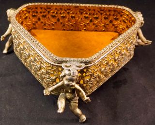 French Ormolu Filigree Jewelry Casket Box Triangle Amber Glass Three Cherub Feet