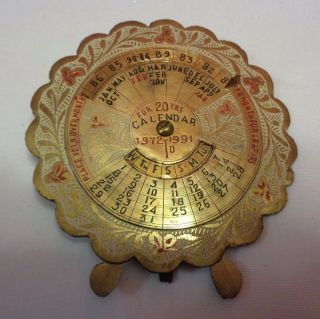 Vintage Small Brass 20 Year Calendar 1972 - 1991 Dial Face On Stand