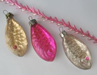 Set 3 Fish Glass Vintage Decor Xmas.  Christmas Gold Pink Ornament Russian Ussr