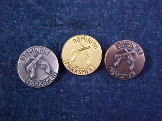 3 Orig Vintage " Dominion Marksman " Lapel Badges " Bronze / Silver / Gold "