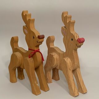 Primitive Folk Art Wooden Reindeer Farmhouse Rustic Christmas Decor 10” Set Of 2