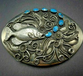Signed Vintage Navajo Sterling Silver Turquoise Belt Buckle Fish Blowing Bubbles