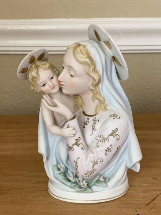 Vintage Lefton Hand Painted Porcelain Bisque Madonna Jesus Statue 1416 Japan